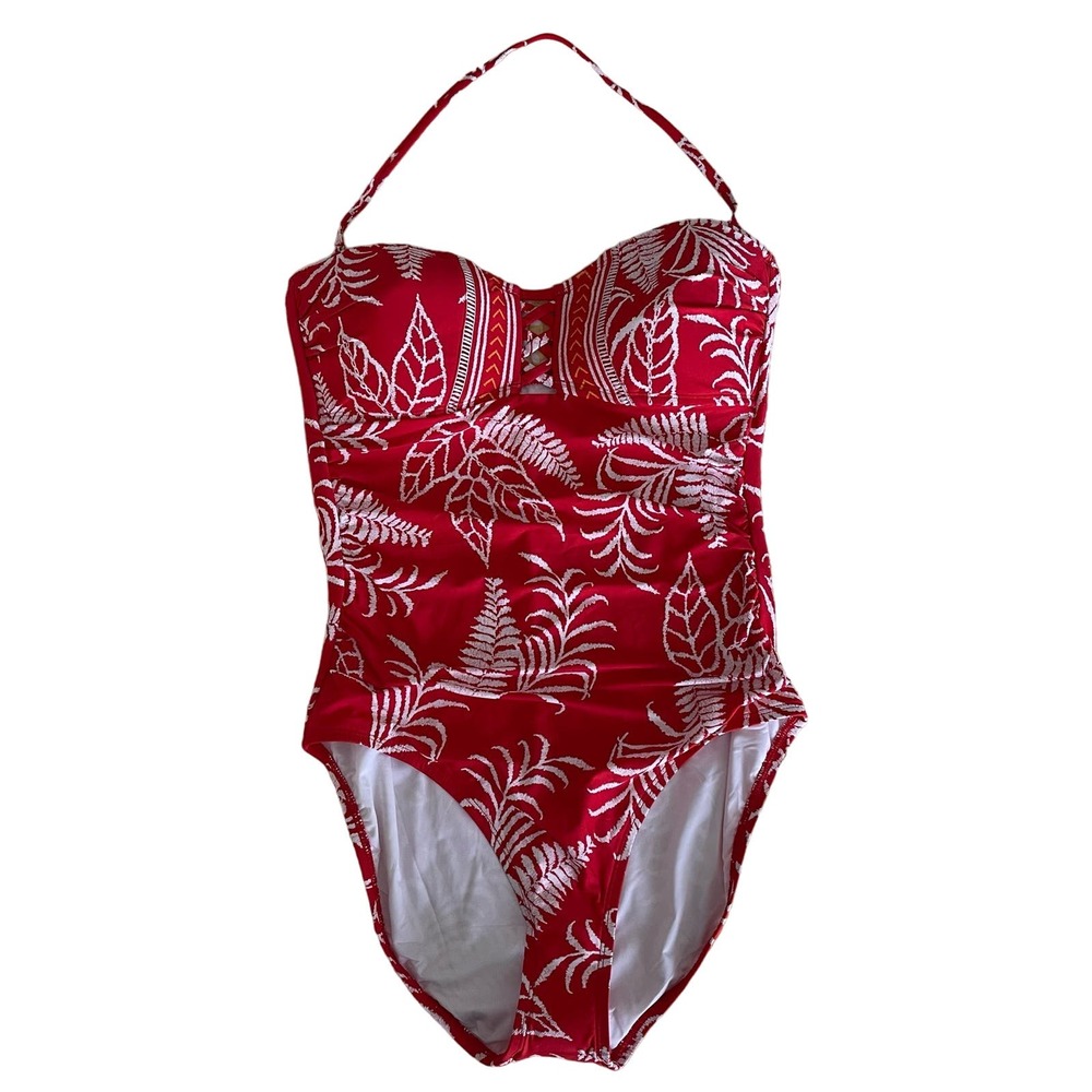 NWT La Blanca Cherry Red Tapestry Bandeau Once Piece Women’s Swimsuit Sz 10
